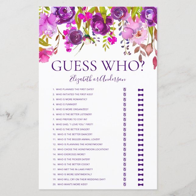 Jeu de devinette floral violet pour enterrement de (Devant)