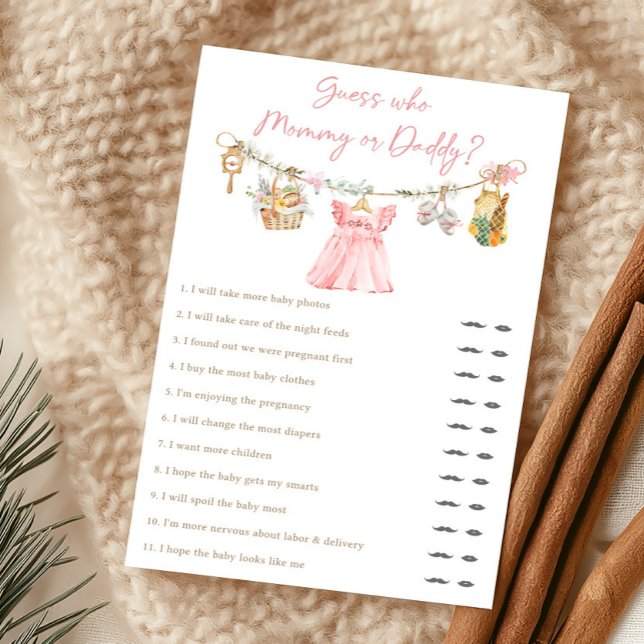 Jeu de devinette Maman ou Papa Fille élevée locale (Pink Locally Grown Clothesline Baby Shower Guess Who Mommy or Daddy Game)