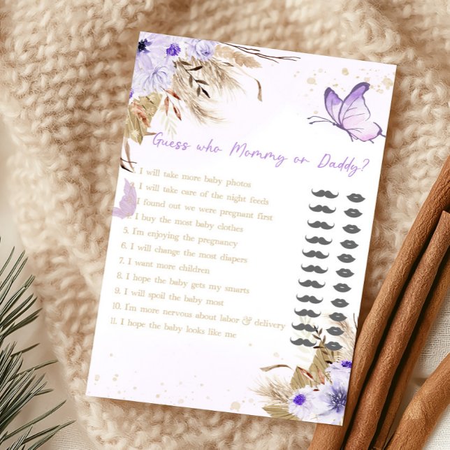 Jeu de devinette Maman ou Papa Papillon Floral (Purple Butterfly Baby Shower Guess Who Mommy or Daddy Game)