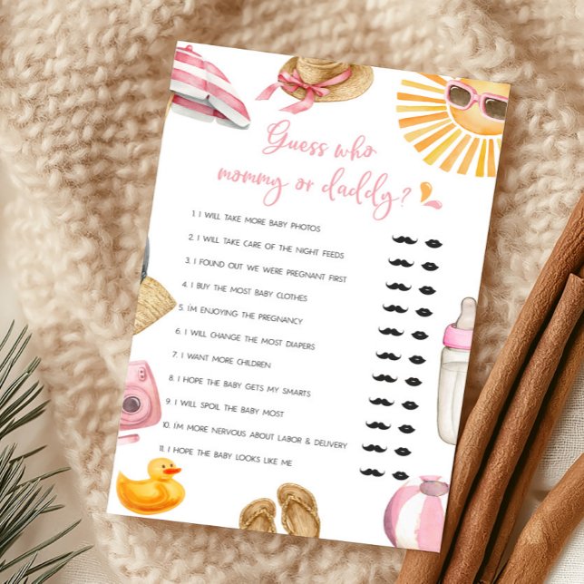Jeu de devinette Maman ou Papa Pink Splish Splash (Girl Summer Beach Baby Shower Guess Who Mommy or Daddy Game)