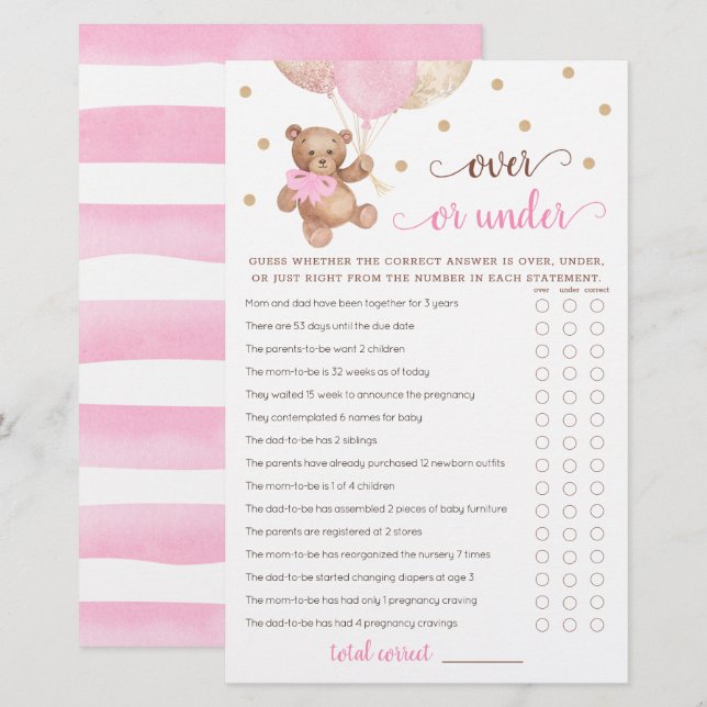 Jeu de devinette Over ou Under Baby Shower Teddy B (Devant / Derrière)
