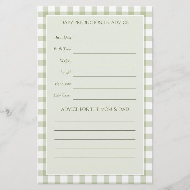 Jeu de devinette pour Baby Shower au gingham vert  (Devant)