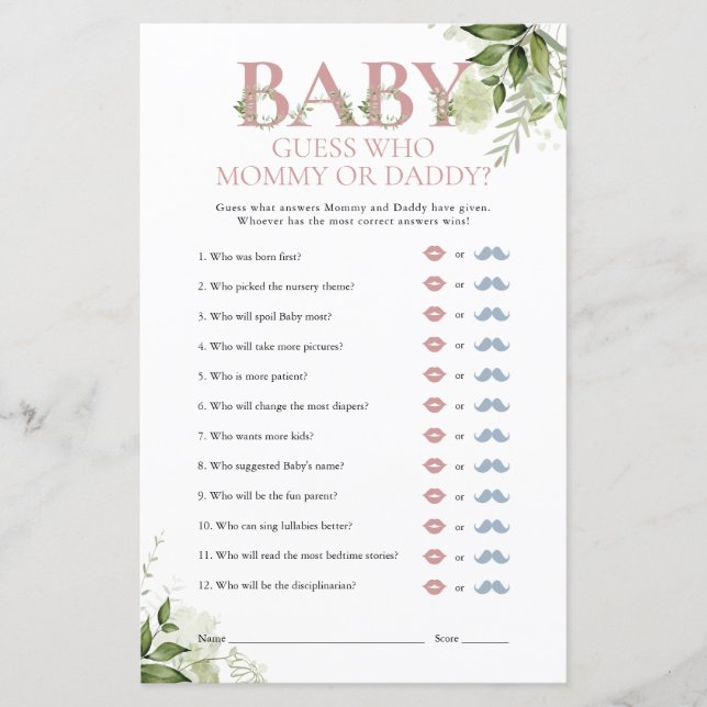 Jeu de devinette pour Baby Shower Maman Papa Verdu (Devant)