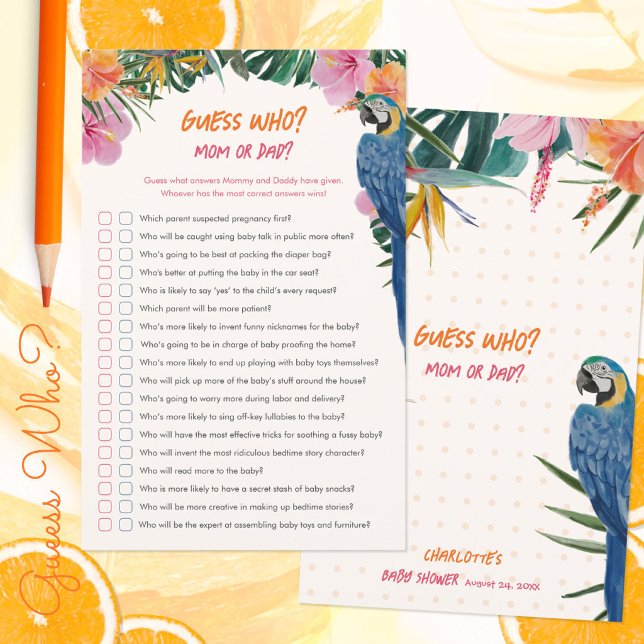 Jeu de devinette pour Baby Shower sur le thème des (Exotic Tropical Parrot Guess Who Baby Shower Game ©Susanne Sachers - Sunny Mind 🌞)