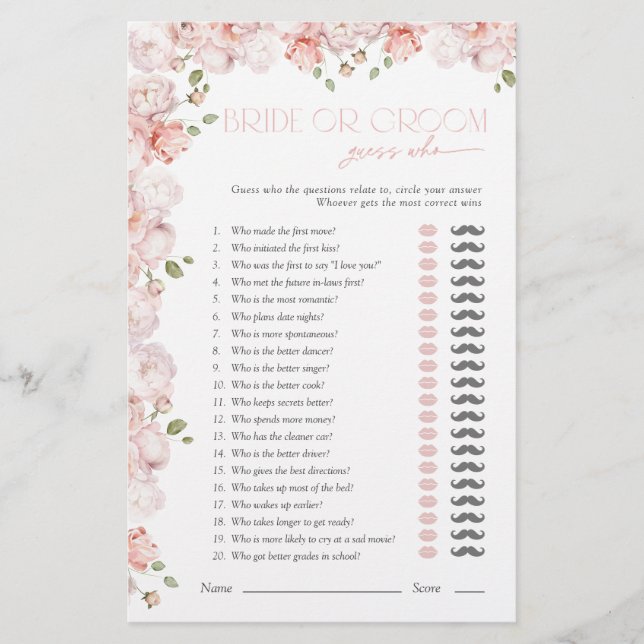 Jeu de devinette pour la mariée ou le marié, rose, (Devant)