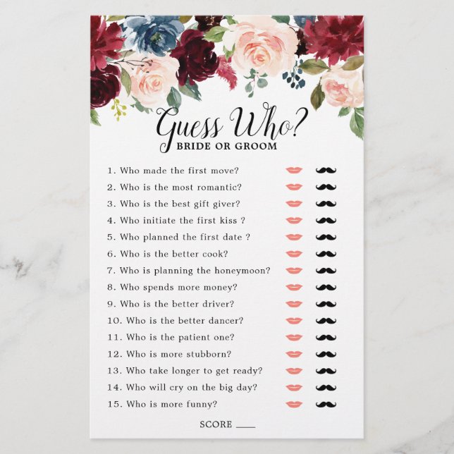Jeu de devinette pour mariage Burgundy Navy Blush (Devant)