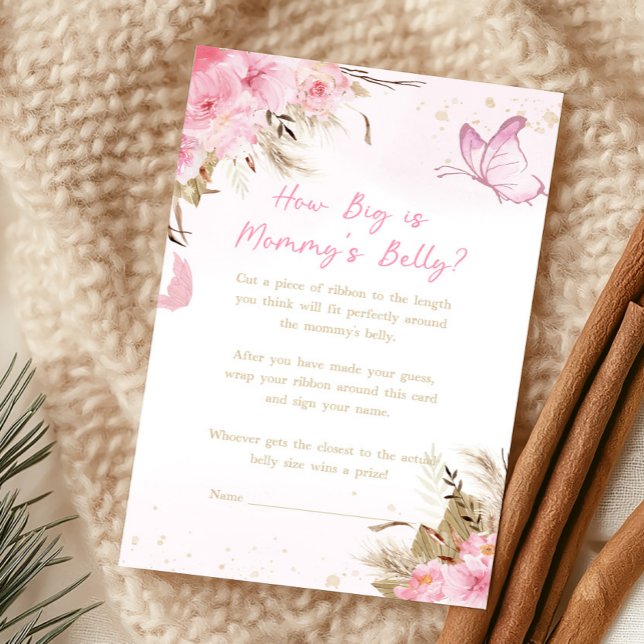 Jeu de devinette sur la taille du ventre de maman  (Pink Butterfly Baby Shower How Big Is Mommy's Belly Game)