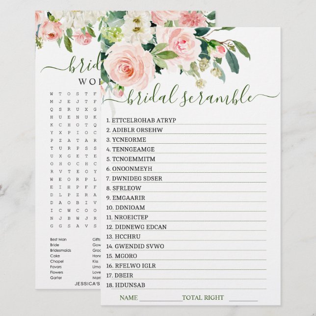 Jeu de douche de mariée à double face Fleurs Rose  (Devant / Derrière)