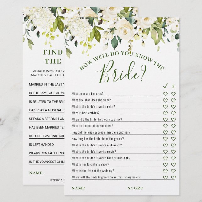 Jeu de douche de mariée floral Roses blanches DOUB (Devant / Derrière)