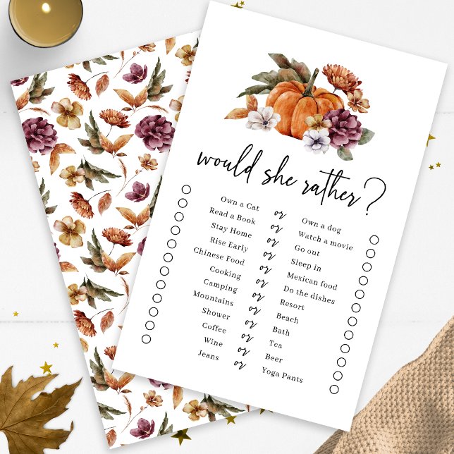 Jeu de "Elle préférerait" d'automne (Fall Would She Rather Game Fall In Love Bridal Shower Pumpkin Florals by Painted Paperie)