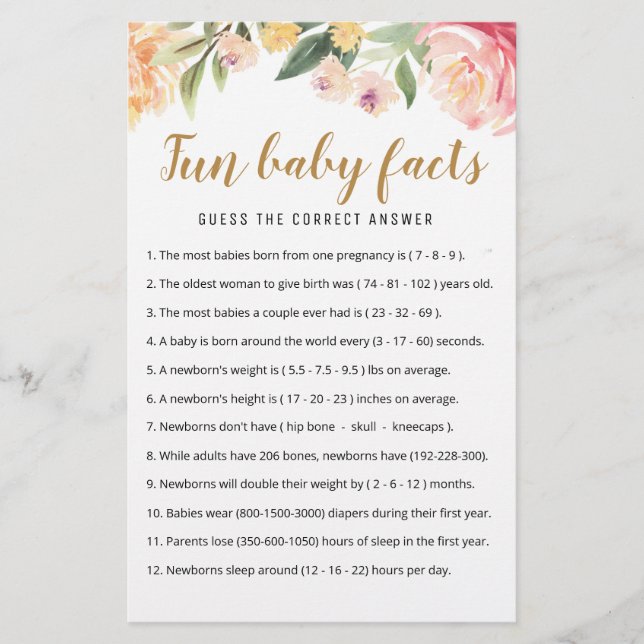 Jeu de faits amusants sur bébé avec réponses pour  (Devant)