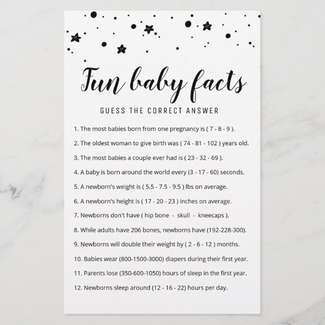 Jeu de faits amusants sur bébé avec réponses pour  (Devant)