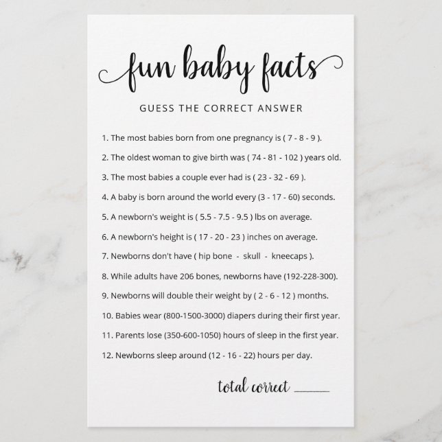 Jeu de faits amusants sur les bébés avec réponses  (Devant)
