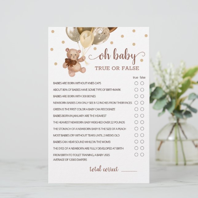 Jeu de Faits Vrais ou Faux Baby Shower Teddy Bear  (Debout devant)