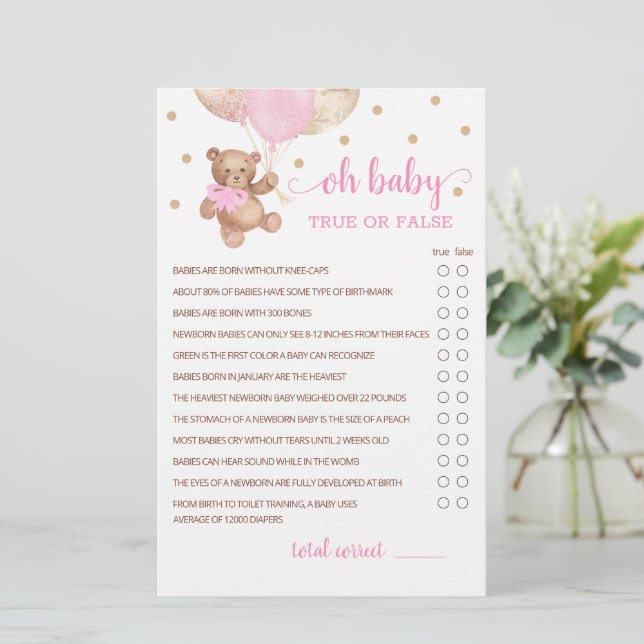 Jeu de Faits Vrais ou Faux Baby Shower Teddy Bear  (Debout devant)
