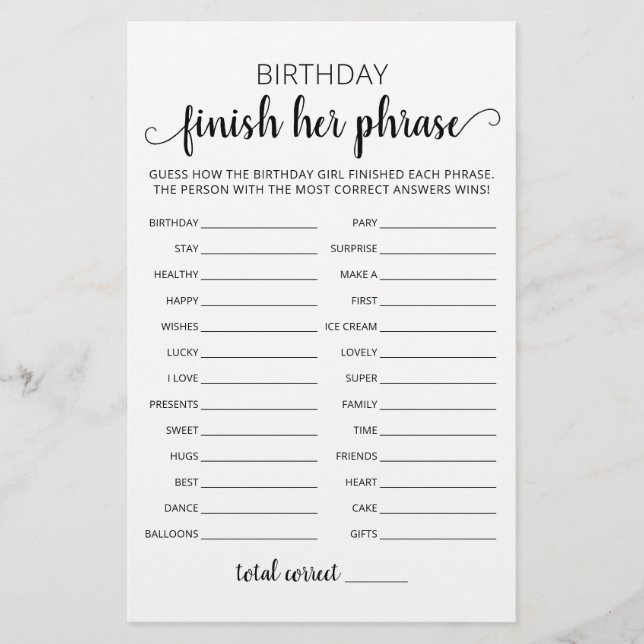 Jeu de fête d'anniversaire Finir sa phrase (Devant)
