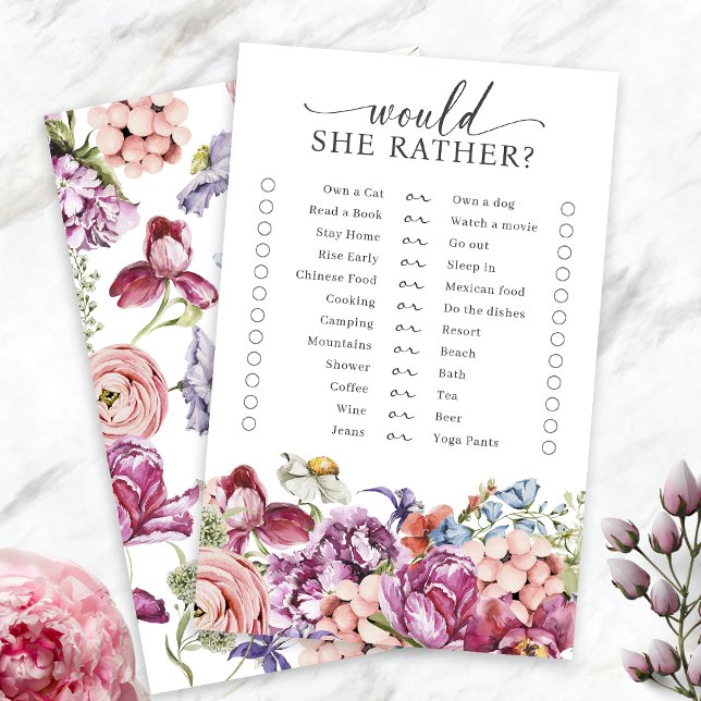 Jeu de fête de mariage coloré (Colorful Jewel Tone Wildflower  Would She Rather Bridal Shower Game by Painted Paperie
)