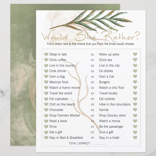 Jeu de fête de mariage Elle préférerait Gold Sage (Devant / Derrière)