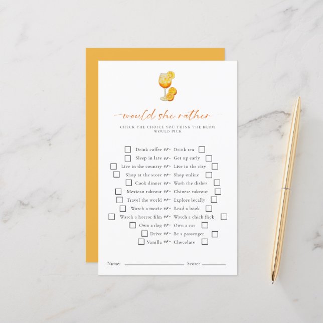 Jeu de fête de mariage Would She Rather Aperol Spr (Devant/Arrière en situation)