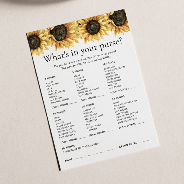 Jeu de Fête des mariées de tournesol floral (Floral Sunflower Bridal Shower Games What's in her Purse Card)