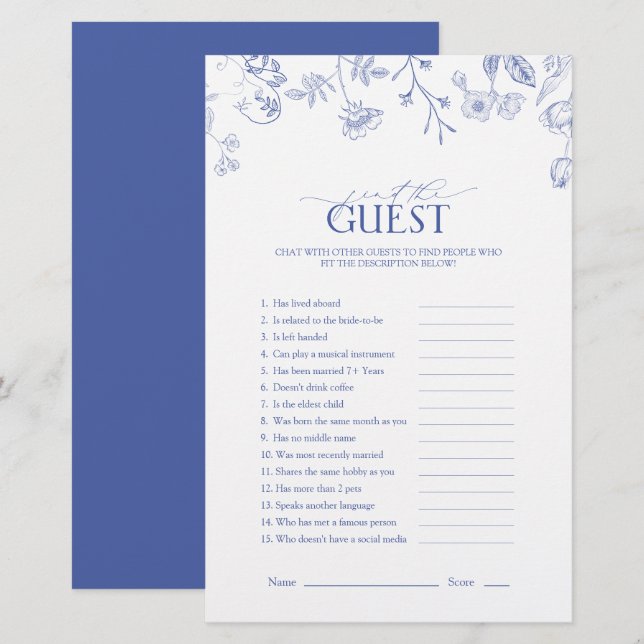 Jeu de Fête des mariées Florale Bleu & Blanc Franç (Devant / Derrière)