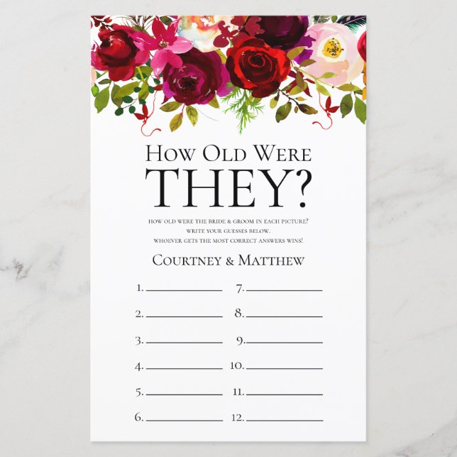 Jeu de Fête des mariées Florale Bourgogne (Devant)