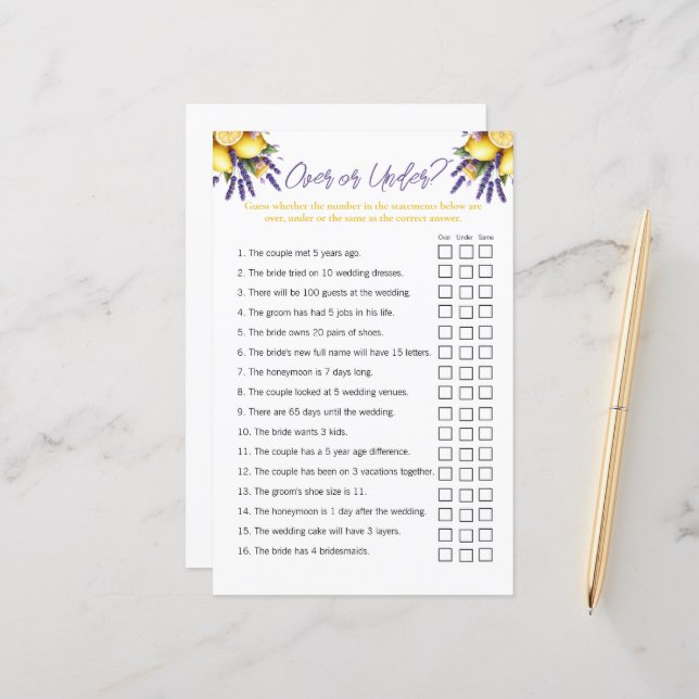 Jeu de Fête des mariées "Over and Under" au citron (Devant/Arrière en situation)