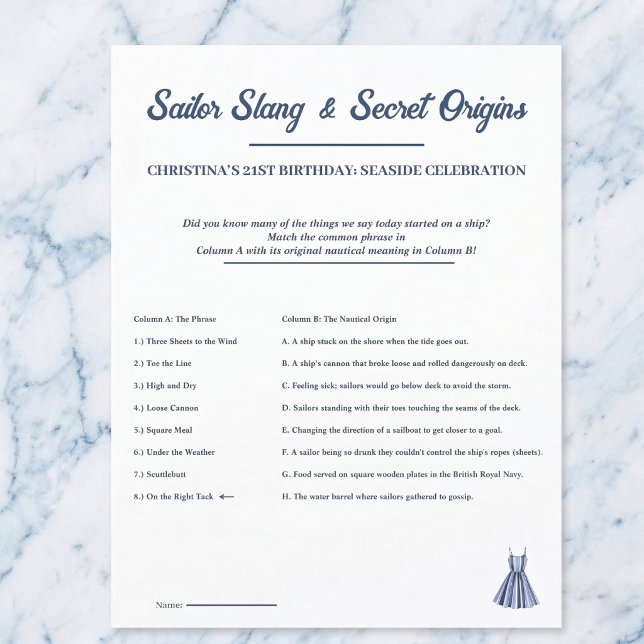 Jeu de feuille de naissance de marin de slang naut (Master the sea's secret slang.)