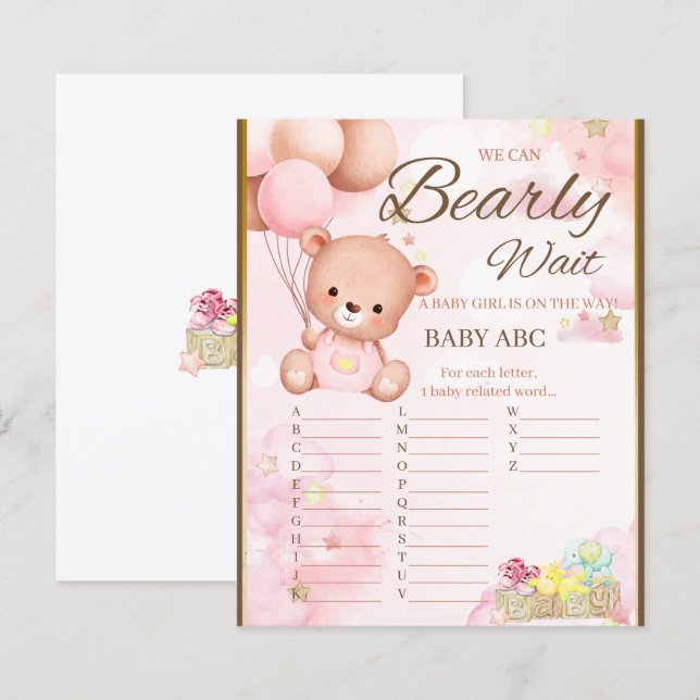 Jeu de Fille pour Baby Shower Ourson (Devant / Derrière)