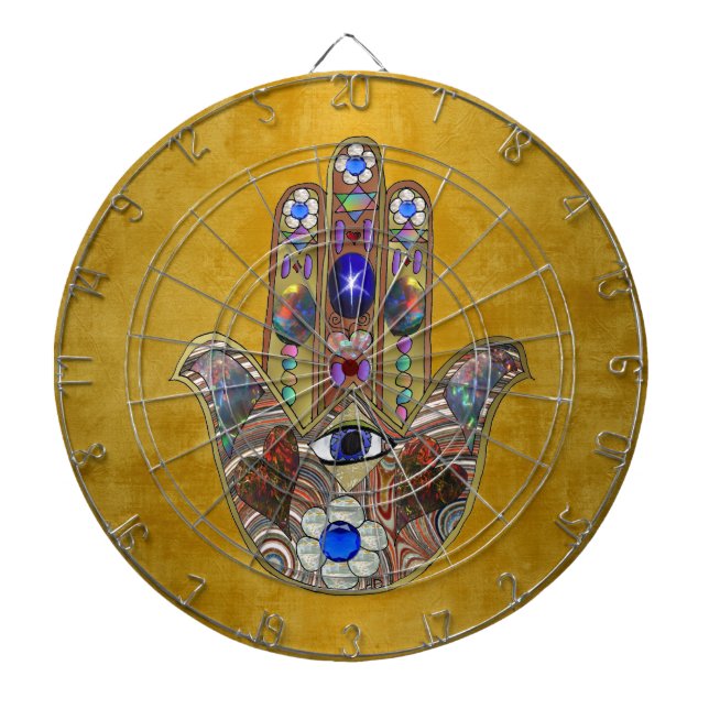 Jeu De Fléchettes Hamsa Cœurs Fleurs Opale Art sur Or (Devant)