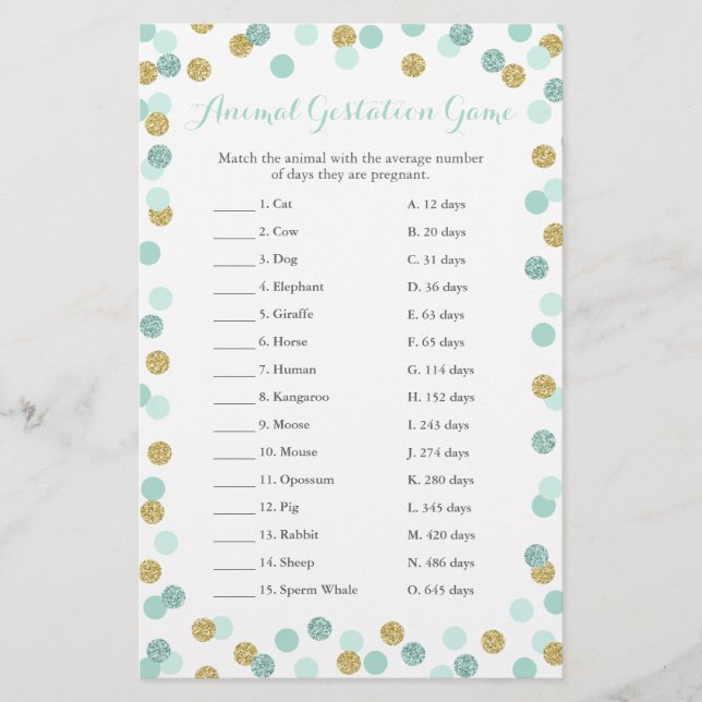 Jeu de gestation animal de Baby shower de menthe e (Devant)