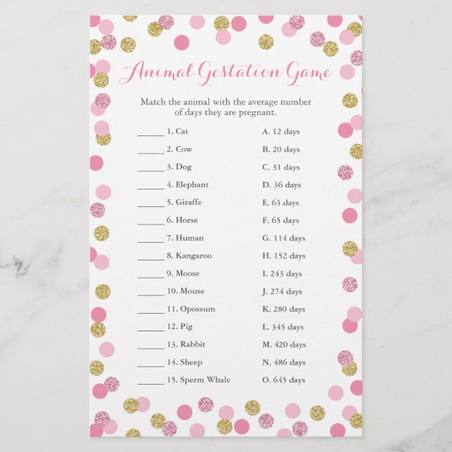 Jeu de gestation animal de Baby shower rose et or (Devant)