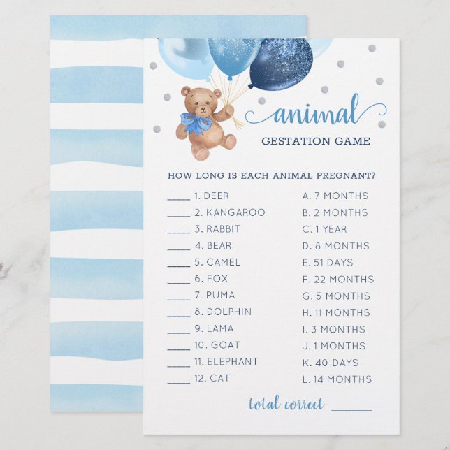Jeu de gestation d'animaux Ourson Fête prénatale (Devant / Derrière)