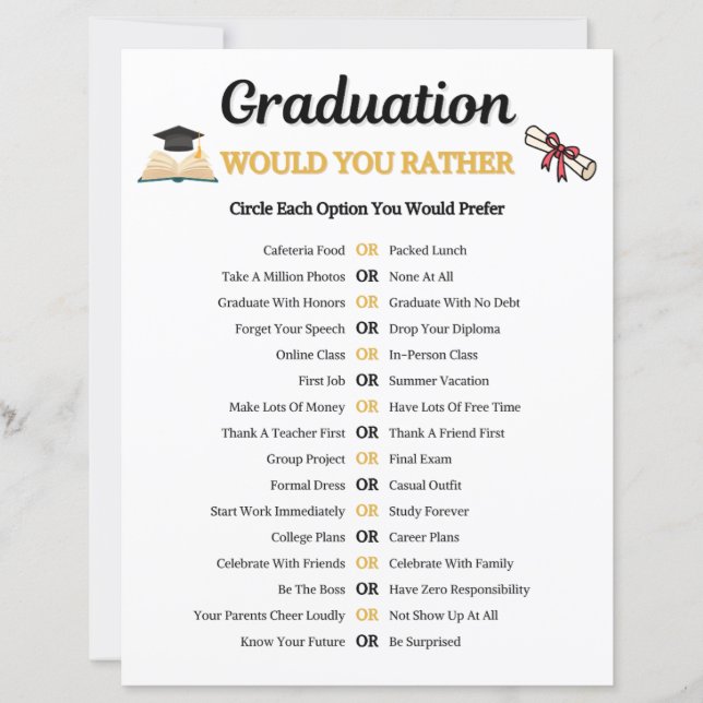 Jeu de graduation 'Would You Rather' (Devant)