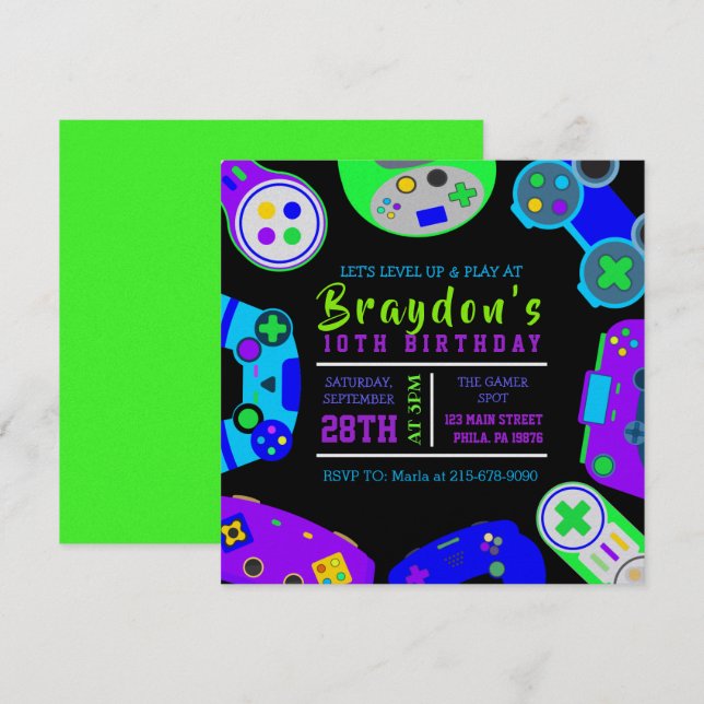 JEU DE JEUX VIDÉO Invitation de fête d'anniversair (Devant / Derrière)