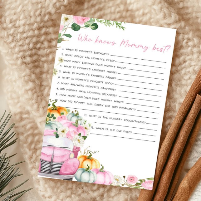 Jeu de la camionnette rose citrouille d'automne qu (Little Pumpkin Pink Truck Baby Shower Who Knows Mommy Best Game)