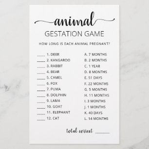 Jeu de la gestation animale avec réponses pour Bab