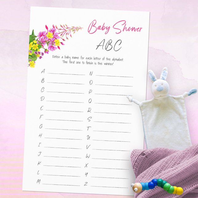 Jeu de l'ABC pour Baby Shower aux fleurs sauvages  (Vibrant Wildflower Baby Shower ABC Game ©Susanne Sachers - Sunny Mind Design 🌞)