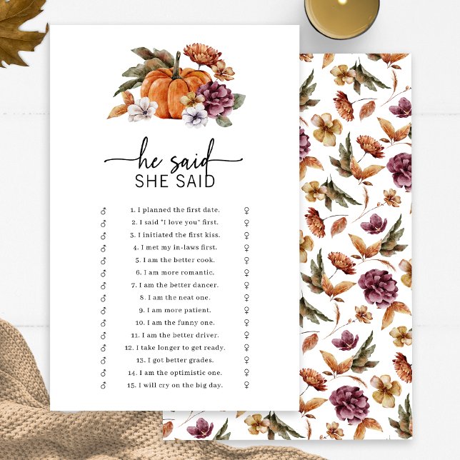 Jeu de l'automne Il a dit Elle a dit (Fall Bridal He Said She Said Game Fall In Love Bridal Shower Pumpkin Florals by Painted Paperie)