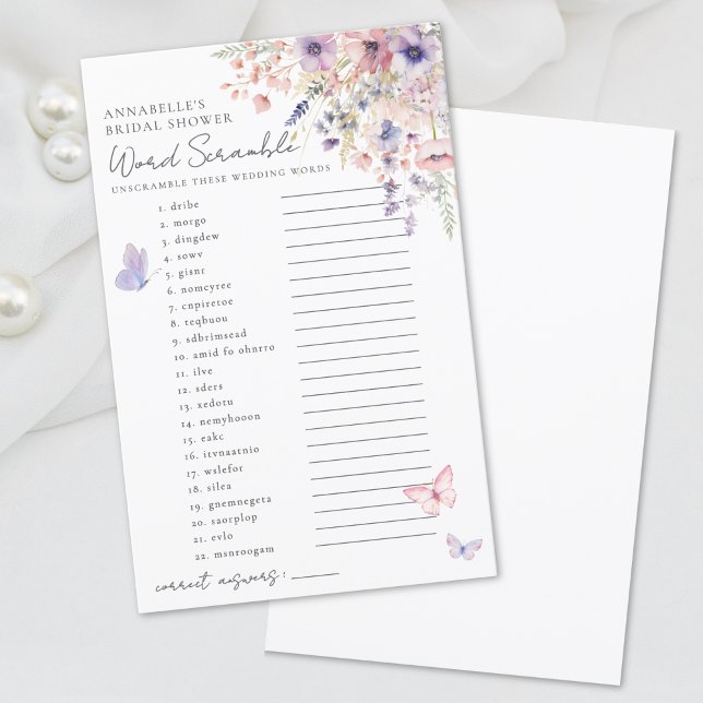 Jeu de lettres Papillon Fleur sauvage Réception de (Word Scramble Butterfly Wildflower Bridal Shower )