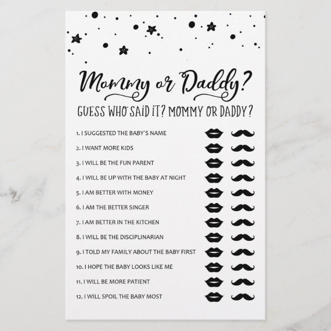 Jeu de Maman ou Papa pour la fête de Baby Shower (Devant)