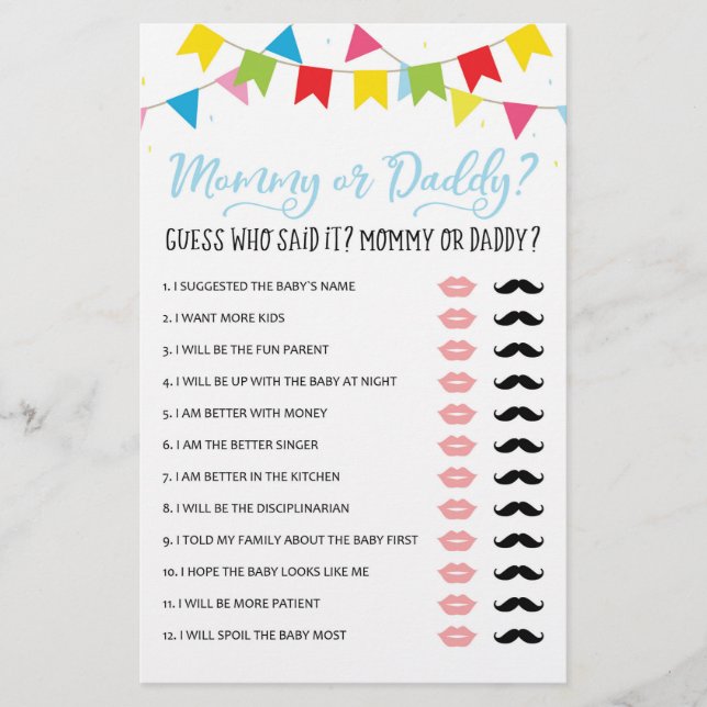 Jeu de Maman ou Papa pour la fête de Baby Shower (Devant)