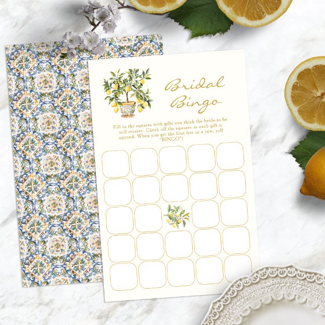 Jeu de mariage au citron (Italian Lemon Bridal Bingo Game Blue Tile Back by Painted Paperie
)