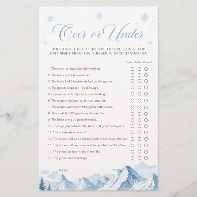 Jeu de mariage Blue Winter Bridal Shower Over ou U (Devant)