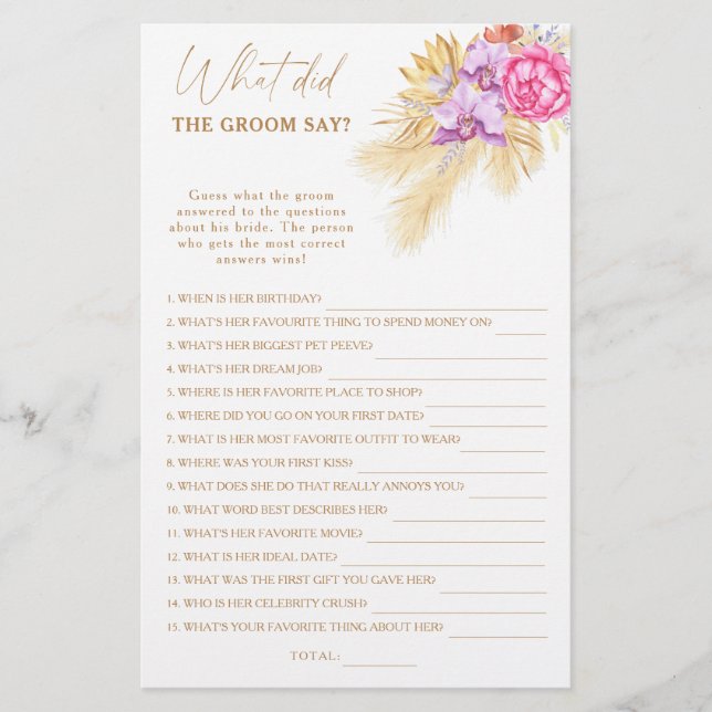 Jeu de mariage boho pampa - Que a dit le marié (Devant)