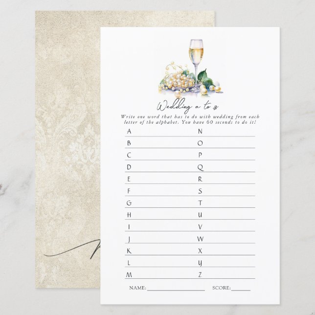Jeu de mariage de A à Z Perles et Prosecco pour la (Devant / Derrière)