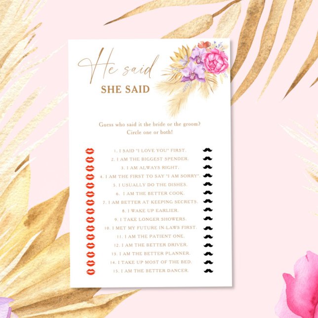 Jeu de mariage floral Boho Pampas Il a dit qu'elle (Créateur téléchargé)