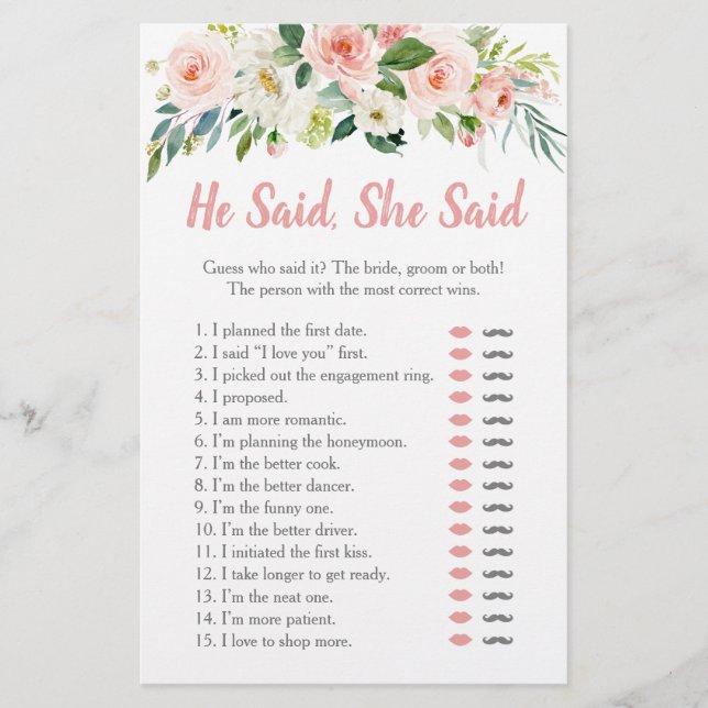 Jeu de mariage 'Il a dit Elle a dit' à fleurs rose (Devant)