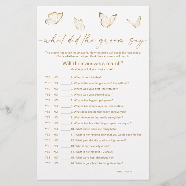 Jeu de mariage papillon Qu'est-ce que le marié a d (Devant)