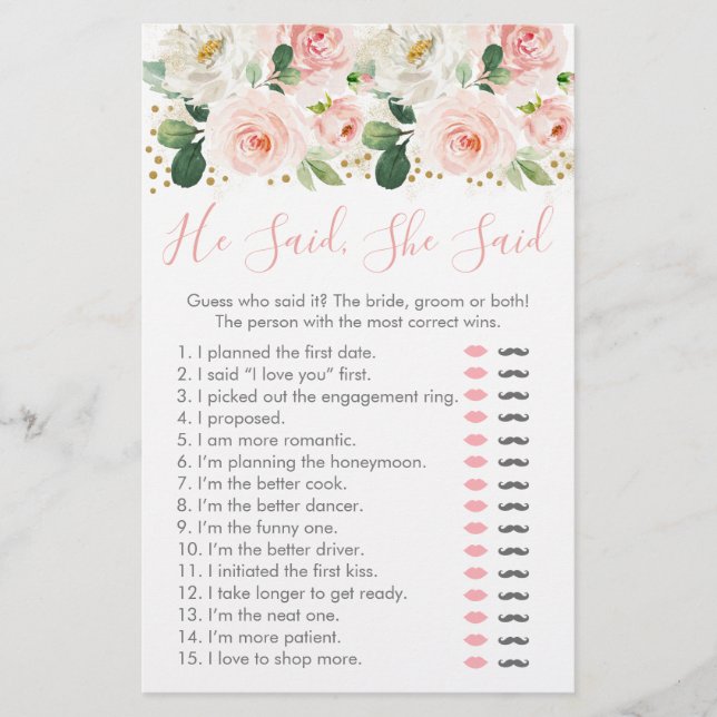 Jeu de mariage Rose Gold Floral He Said She Said (Devant)